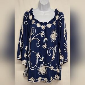 Once Again 2X Blue Tunic Top Stretch Knit Embroidered Flowers Elastic Neck